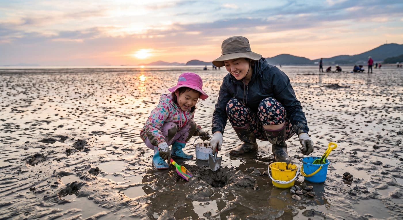 A mother and daughter clam digging on a tidal flat at sunset